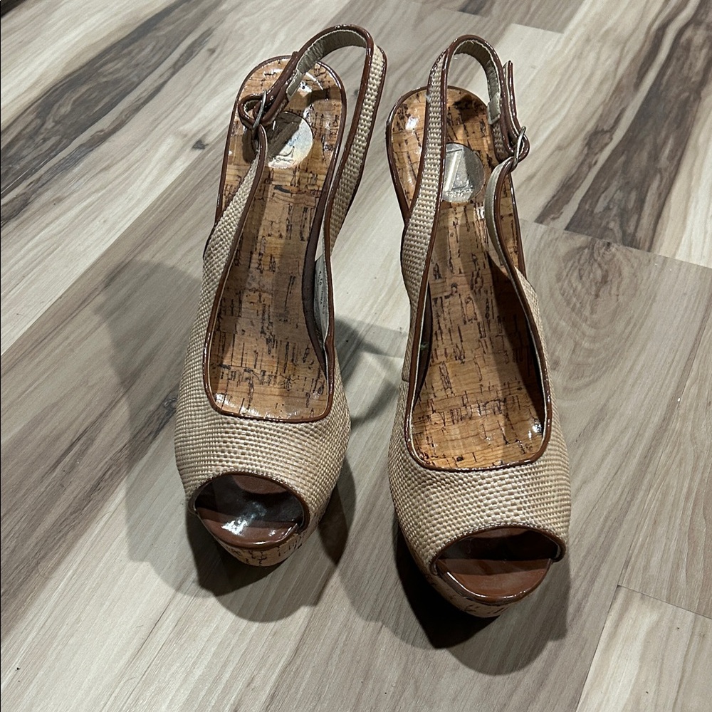 Sergio Zelcer Tan Woven Peep-Toe Wedges